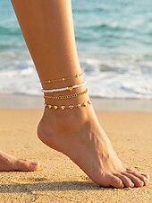 voordelige Damesarmband-Dames enkelbandjesset van 4 stuks in boho-stijl, goudkleurige legering enkelbandjes met hartvormige bedeltjes en witte kralen, zomerse strandvakantie sieraden voor vrouwen
