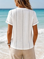 cheap Plain tee-Women's T Shirt Henley Shirt Tee Top Buttons Striped Fashion Short Sleeve Henley Long Tops Casual Beach Summer White Light Green Navy Blue Sky Blue Orange Summer Spring