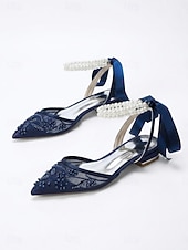 baratos Bruidsmeisje-Women's Navy Blue Wedding Flats - Pearl Ankle Strap Mesh Bridesmaid Shoes with Bow for Garden Wedding Guest