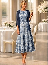 tanie Zestawy sukienek dla mamy-Two Piece A-Line Tea Length Wedding Guest Dress Mother of the Bride Dress Sleeveless 3/4 Length Sleeve Crew Neck Elegant Simple Minimalist Formal Semi Formal Chiffon Jacquard with Floral Print Ruched