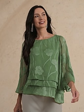 preiswerte Schicke Blusen-Damen Spitzenbluse Bluse Elegante Oberteile Chiffon Tops Einfarbig Elegant Stilvoll Basic Dreiviertelarm Glockenärmel U-Boot-Ausschnitt Normale Oberteile Täglich Arbeit Hochzeitsgast Schiefergrün