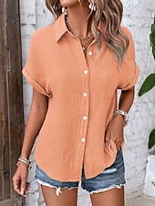 abordables Blusas Sencillas-Mujer Camisa Blusa Retazos Bolsillo Color sólido Elegante Moda Casual Manga Corta Cuello Camisero Tops regulares Casual Rosa Naranja Marrón Verde Trébol Albaricoque Verano Primavera