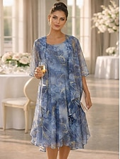 economico Set di abiti per la mamma-Due Pezzi Linea ad A Lunghezza al ginocchio Abito da invitata a nozze Largo Abito da cerimonia per signora Mezza Manica Scollo Tondo Elegante Semplice Casual Formale Ospite di nozze Ferie Chiffon Con