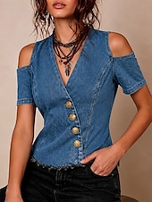  Blusa feminina estilo jeans patchwork, cor lisa, vintage, estilo western, manga curta, decote em V, modelo regular, ideal para o dia a dia, para sair, nas cores azul, preta e azul claro, perfeita para