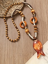 baratos Colar Feminino-Colar feminino boêmio com pingente de madeira, longo, com contas, estilo statement, com pingente de elefante, peixe e flores. Joia artesanal em madeira, ideal para férias, praia, festivais, viagens e