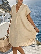 cheap Dresses-Women's Knee Length Dress Linen Dresses Vintage Daily Slim Plain Short Sleeve V Neck Khaki Red Orange Summer