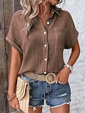 abordables Blusas Sencillas-Mujer Camisa Blusa Retazos Bolsillo Color sólido Elegante Moda Casual Manga Corta Cuello Camisero Tops regulares Casual Rosa Naranja Marrón Verde Trébol Albaricoque Verano Primavera