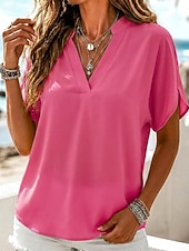 ieftine Bluze simple-Pentru femei Cămașă Topuri de vară Vacanță Epocă Casual Manșon scurt În V Topuri obișnuite Casual Albastru piscină Galben Roșu-aprins Trifoi Roz trandafiriu Vară Primăvară
