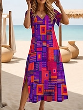 economico Abiti floreali-Per donna Abito maxi Abito a trapezio Casual Ferie Data Vestibilità regolare Floreale Grafico Leopardo Manica Corta Scollo a V Blu Rosso Viola Blu scuro Estate Primavera