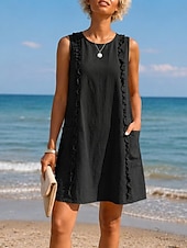 cheap Plain Dress-Women's Knee Length Dress Linen-feel Dresses Shift Dress Vacation Daily Loose Fit Pure Color Sleeveless Crew Neck Blue Coffee brown yellow-green Black Summer