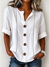  Women's Shirt Blouse Patchwork Buttons Print Striped Elegant Bohemia Short Sleeve V Neck Regular Tops Casual Light Blue White Pink Apricot Summer Spring