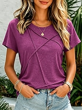 abordables Camiseta lisa-Mujer Camiseta Plano Elegante Casual Manga Corta Cuello Barco Tops regulares Casual Diario Azul Piscina Morado Marrón Verano Primavera