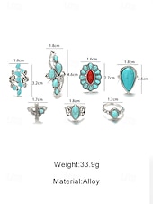 economico Anelli da donna-set di anelli turchesi da donna, anelli impilabili in lega d'argento vintage, gioielli boho sud-occidentali western da cowgirl, anelli vistosi con cactus floreali per vacanze, festival e uso