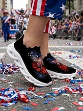  Pantofi sport negri pentru femei cu pernă de aer patriotică – adidași slip-on cu imprimeu de trandafir galaxic cu tema „4 iulie” din SUA, pentru sărbătorirea Zilei Independenței, călătorii și confort