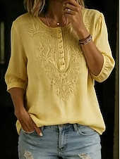 cheap Plain Blouses-Women's Shirt Eyelet Top Boho Shirt Lace Shirt Lace Embroidered Elegant Bohemia Vacation 3/4 Length Sleeve Long Tops Casual Blue White Yellow Orange Brown Summer Spring