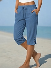  Dam Jeans Denim Capribyxor Kinesiska Semester Grundläggande Ledigt Knelängd Medium Midja Slät Ficka Elastisk midja Komfort Andningsfunktion Dagligen Utomhus Semester Blå Svart Marinblå Sommar Vår Lös