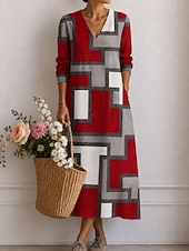 Women's Midi Dress Sundress Casual Dress A Line Dress Vacation Stylish Casual Holiday Regular Fit Graphic Geometric Long Sleeve V Neck Red Purple Orange Summer Spring
