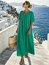  Per donna Abito maxi Abito lavato Vacanza Quotidiano Vestibilità comoda Colore Puro Manica Corta Scollo a V Blu Bianco Giallo Rosa Estate Autunno