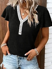  Mulheres Camiseta T-shirt Renda Patchwork Côr Sólida Elegante Moda Estilo bonito Manga Curta Mangas Evasê Decote V Tops regulares Casual Preto Rosa Vinho Azul Marinha Marron Verão Primavera