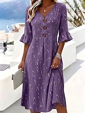 baratos Vestidos Florais-Mulheres Vestido midi Vestidos Para o Verão Vestido casual Vestido A Line Elegante Férias à moda Praia Feriado Normal Floral Gráfico Manga Curta Decote V Azul Rosa Roxo Verão Primavera