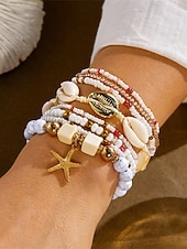 baratos Pulseira Feminina-Conjunto de pulseiras femininas boho em camadas com 8 peças, pingente de estrela-do-mar e concha, em liga dourada, multifilamento, perfeitas para usar na praia, férias de verão e viagens.