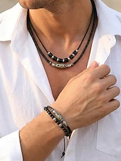 preiswerte Heren sieraden-Men's Bohemian Necklace and Bracelet Set, Black Leather Beaded Jewelry, Antique Metal Accents, Summer Casual Accessory for Men, Perfect for Vacation, Festival, Daily Wear, Multiple Uses