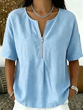  Mulheres Camisa Social Blusa Zíper Côr Sólida Elegante Férias Moda Manga Curta Colarinho de Camisa Tops regulares Casual Azul cor laranja Preto Rosa Vermelho Verão Primavera