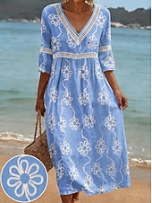  Dam Midiklänning Blommig broderi klänning Sommarklänning Grundläggande Klassisk Dagligen Semester Normal Blommig Kortärmad V-hals Blå Sommar Vår