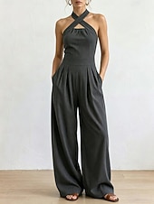 cheap Vacation Jumpsuit-Women's Jumpsuit Elegant Full Length High Waist Plain Inelastic Vacation Formal Black White Wine Navy Blue Summer Spring Regular Fit