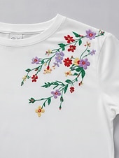 abordables Hauts brodés artisanaux-T-shirt floral brodé 100 % coton pour femmes T-shirt d'été élégants vintage tropicaux à manches courtes col rond haut régulier décontracté quotidien plage blanc été printemps automne hiver