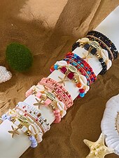 baratos Pulseira Feminina-Conjunto de pulseiras femininas boho em camadas com 8 peças, pingente de estrela-do-mar e concha, em liga dourada, multifilamento, perfeitas para usar na praia, férias de verão e viagens.