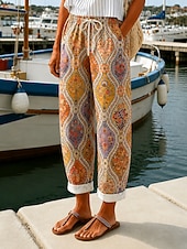  Dames Chinese Vakantie Vintage Casual Volledige lengte Middelhoge taille Grafisch Geometrie Trekkoord Lapwerk Zak Comfort Zacht Voor buiten Inelastisch Casual Dagelijks Vakantie blauw Oranje Zomer