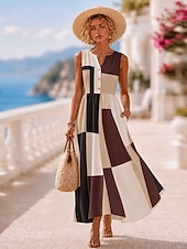 preiswerte Sommerkleider-Damen Maxikleid Sommerkleid Urlaub Täglich Heim Outdoor Normale Passform Blumen Grafik Geometrisch Ärmellos V Ausschnitt Schwarz Gelb Rote Khaki Sommer Frühling