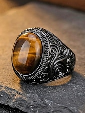 economico Gioielli da uomo-Anello da uomo vintage con pietra occhio di tigre, fascia in lega nera incisa, anello di tendenza in stile etnico bohémien, gioiello maschile per i viaggi estivi, casual &amp;abbigliamento da festival
