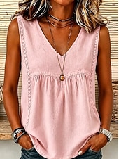 abordables Chemises-Femmes Chemise Chemises en coton et lin Couleur Unie Uni Bohème ancien Mode Sans manches Col en V Hauts Longs Occasionnel Bleu Blanche Jaune Été Printemps