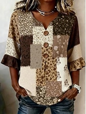 abordables Art &amp; Design Blouses-Femmes Chemise Patchwork Boutons Imprimé A Ombre Graphique ancien Élégant Manche 3/4 Col en V Hauts Longs Occasionnel Quotidien Fête Bleu Marron Beige Grise Été Printemps