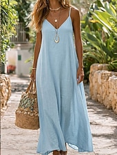 abordables Robes décontractées-Femmes Robe Longue Maxi Robe Robe Décontractée Robe Semi-Formelle Tropical Fête Hawaïen Coupe Ample Uni Sans manches Col en V Blanche Aqua bleu Noir Rouge Foncé Été Printemps Automne