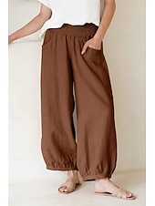 cheap Wide Leg &amp; High Waisted-Women's Wide Leg Cropped Pants Fashion Casual Ankle-Length Medium Waist Solid Color Pocket Comfort Casual Vacation Dark Brown Khaki Black Summer Spring Loose Fit