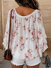 cheap Lace Tops-Women's Shirt Eyelet Top Lace Shirt Lace Splicing Top Jacquard Ombre Floral Graphic Elegant Bohemia Active Long Sleeve V Neck Long Tops Casual Beach Holiday White Pattern Orange Summer Spring Fall