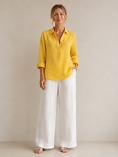 economico Collezione di Lino Premium-Camicetta da donna 100% lino europeo a maniche lunghe, scollo a V, colletto, tinta unita, elegante casual, blu, bianco, giallo