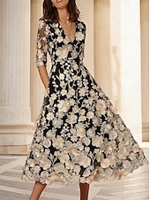economico Abiti da cocktail-Linea ad A Lunghezza Tè Abiti da Cocktail Abiti da festa Elegante Vintage Floreale Mezza Manica Scollo a V Matrimonio Formale Vestito Rosa Raso con Ricamo Tasca