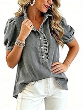  Damen Bluse Einfarbig Stilvoll Basic Lässig Kurzarm Stehkragen Lange Oberteile Lässig Täglich Blau Schwarz Dunkelblau Grau Sommer Frühling