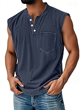  Canotta vintage da uomo, 100% cotone, lavaggio acido, canottiera, maglietta senza maniche, senza maniche, henley, estate, tinta unita, stilista, basic, tasche, bottoni, vacanza, strada, maglietta nera per uomo