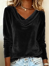 voordelige Effen t-shirt-Damesblouse van fluweel met colkraag en lange mouwen, elegante raglanmouwen, zachte velours, casual, chique tuniek.