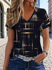 abordables Camiseta a rayas y geométrica-Mujer Camiseta Estampado Graphic Geométrico A Rayas Elegante Casual Manga Corta Escote en Pico Tops regulares Casual Diario Caqui Negro 1 # Negro Verano Primavera Otoño Invierno