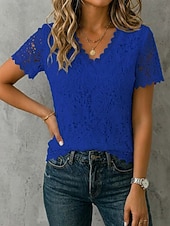  Women's Lace Tops Patchwork Eyelet Lace Trim Elegant Short Sleeve V Neck Casual Blue White Black Pink Red Summer Fall