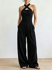 cheap Vacation Jumpsuit-Women's Jumpsuit Elegant Full Length High Waist Plain Inelastic Vacation Formal Black White Wine Navy Blue Summer Spring Regular Fit