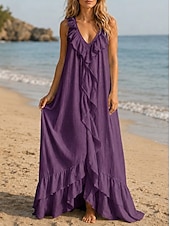 baratos Vestido branco-Mulheres Vestido Longo Vestido casual Vestido de verão Vestido plissado Básico Clássico Diário Praia Férias Ajuste Largo Tecido Sem Manga Decote V Azul Branco Rosa Vinho Verão Primavera