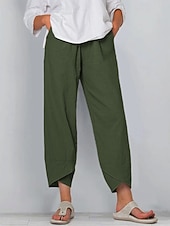 baratos Partes inferiores-Calça capri feminina 100% algodão, ideal para o verão, casual, para uso diário, comprimento até o tornozelo, lisa, com bolsos laterais, respirável, confortável e sem elasticidade. Disponível nas cores preto, vinho, verde e cáqui. Primavera e verão.