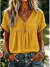  Mulheres Camisa Social Camisas de algodão e linho Côr Sólida Boêmia Férias Vintage Sem Manga Manga Curta Decote V Tops regulares Casual Azul Branco Amarelo Rosa Verão Primavera